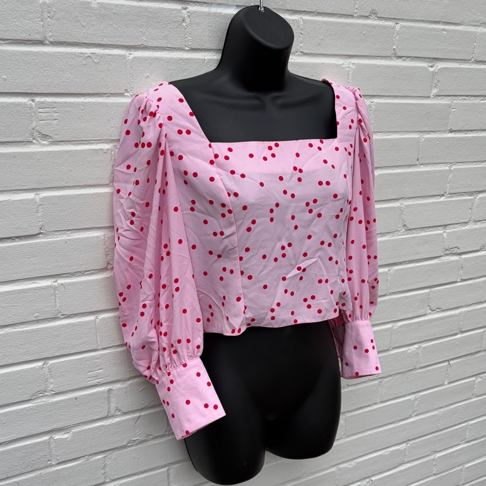 Miss Selfridge SQUARE NECK TOP WITH PUFF SLEEVES IN RED POLKA DOT-PINK, SZ 8 EUC - Picture 5 of 11